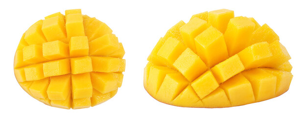 mango slices isolated on white background with full depth of field. Top view. Flat lay