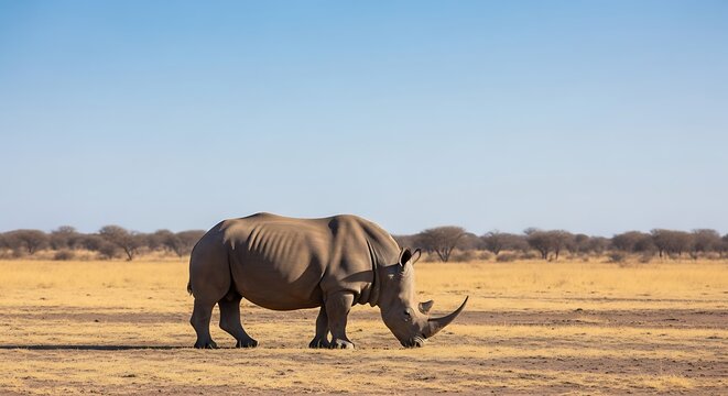 Majestic White Rhinoceros Grazing in Arid African Savanna Under Clear Blue Sky.