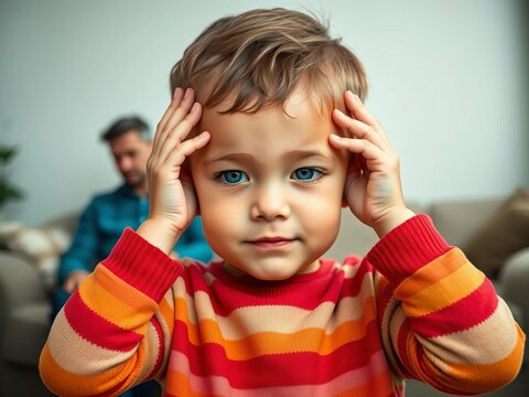 Child's hands over ears, parents arguing in background, family, breakup