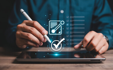 Person using a stylus to sign a digital document on a tablet with a checkmark and checklist icon