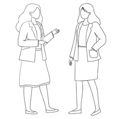 Two women dressed in smart business attire stand in conversation in a contemporary office environment. Professional discussion. Diverse friends