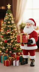 Santa claus with gift box stands near christmas tree with star and presents.