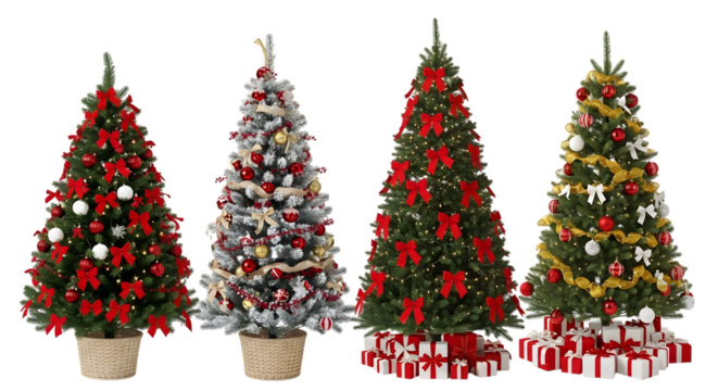 Four decorated christmas trees with presents underneath, isolated on transparent background