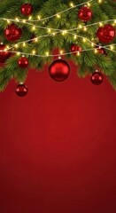 Festive evergreen branches with red ornaments and string lights on red background.