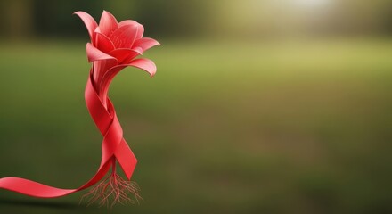 Red ribbon forming a flower with roots, symbol of hope, awareness and support.
