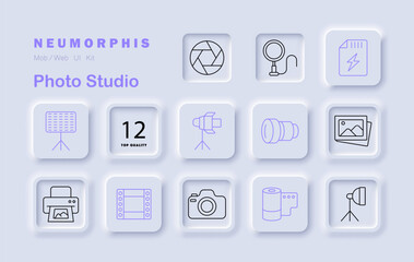 Photo studio set icon. Displays camera, lens, flash, softbox, roll, tripod, printer, spotlight, gallery, monitor, light stand, storage card in studio-themed layout