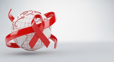 Aids awareness ribbon wrapped around the world globe. Global health concept.