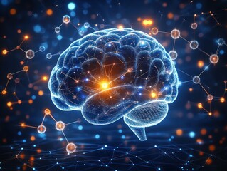 Digital representation of a human brain illuminated with glowing nodes and interconnected lines symbolizing neural networks and data flow in a futuristic environment