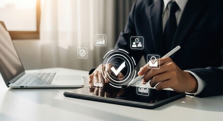 Business professional using digital technology for quality assurance and verification