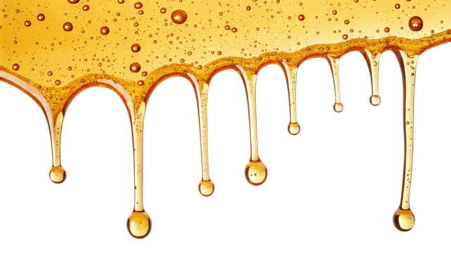 Dripping honey, golden liquid isolated on transparent background