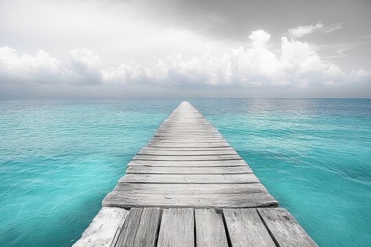 Long wooden pier extending into turquoise ocean under a cloudy sky creating a peaceful and serene atmosphere - Powered by Adobe