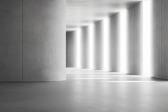 Empty modern interior space with large curved pillar and bright vertical window panels creating high contrast light and shadow