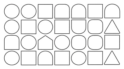 Collection of geometric shapes including circles, squares, rounded rectangles, and triangles isolated on white background
