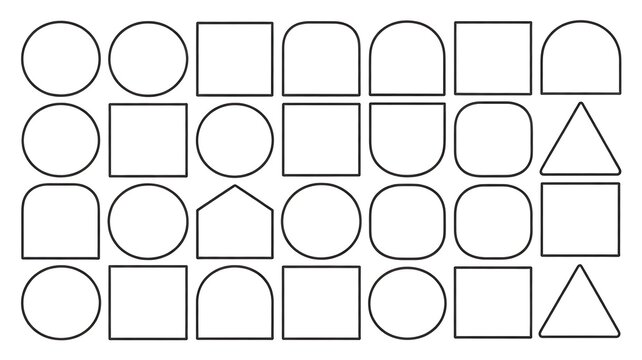 Collection of geometric shapes including circles, squares, rounded rectangles, and triangles isolated on white background