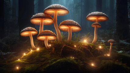 Obraz premium Enchanting forest floor illuminated by bioluminescent mushrooms and ethereal fireflies