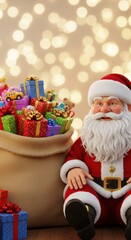 Santa claus sitting with a sack full of gifts and toys against a bokeh lights backdrop.