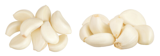 garlic cloves isolated on white background close up. Top view. Flat lay.