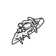 Hand drawn vector pizza outline with cheese, tomato, sauce, and pepperoni. Black and white sketch for restaurant branding, menu design, packaging, and vintage or retro food illustrations.