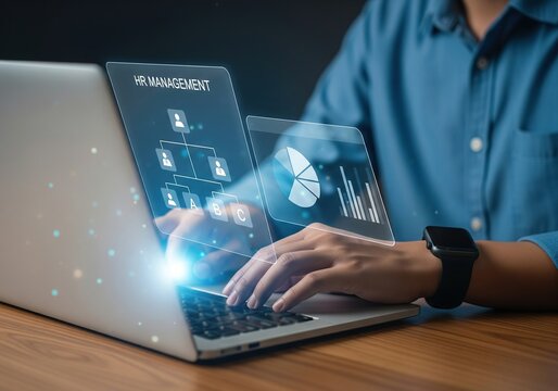 Man using laptop with futuristic holographic interface displaying data and charts