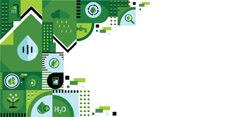 Concept of water saving tips icon infographic. Save water, save earth and go green, environment protection and water afficiency campaign. Vector illustration for web banner background.