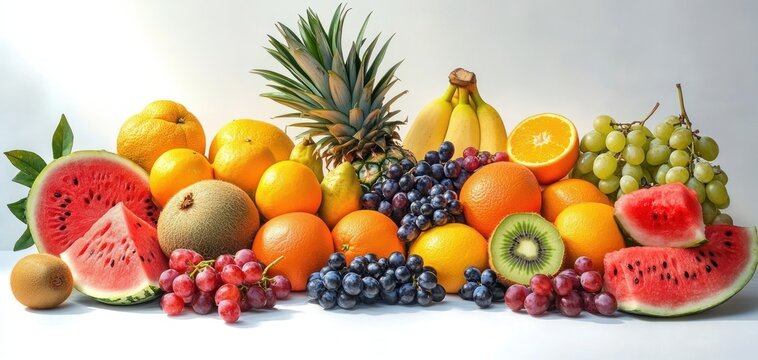 A vibrant assortment of fresh fruits including watermelon slices, grapes, oranges, bananas, pineapple, kiwi, cantaloupe, and pears arranged on a white surface under soft lighting