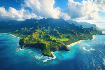 A vibrant aerial view of a lush green tropical island with rugged mountains and cliffs surrounded by turquoise ocean waters under a partly cloudy sky