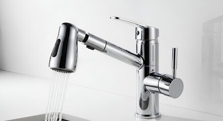 A chrome kitchen faucet with a pull down sprayer is running water on a white countertop surface