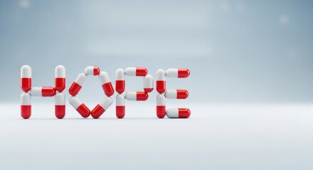 Word hope made of red and white pills. Concept of medicine, health, and recovery.