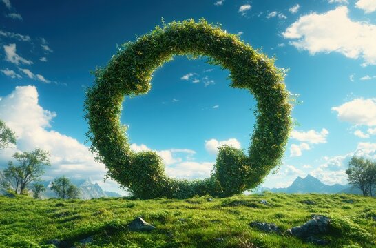 Large circular arch made of lush green vines and leaves standing on a grassy field under a bright blue sky with scattered clouds and distant mountains - Powered by Adobe
