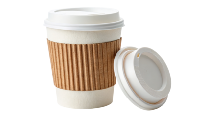 Disposable coffee cup with lid isolated on transparent background, ready to drink