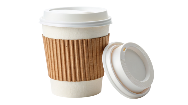 Disposable coffee cup with lid isolated on transparent background, ready to drink - Powered by Adobe