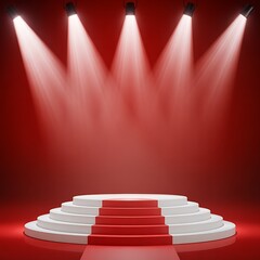 Illuminated stage with red carpet and spotlights