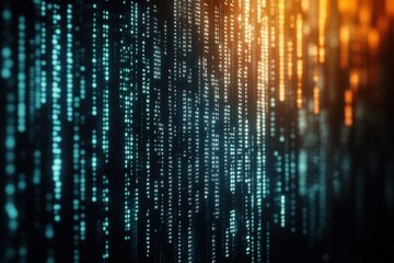 Close-up of digital binary code streams in blue and orange hues depicting abstract data flow and technology concept