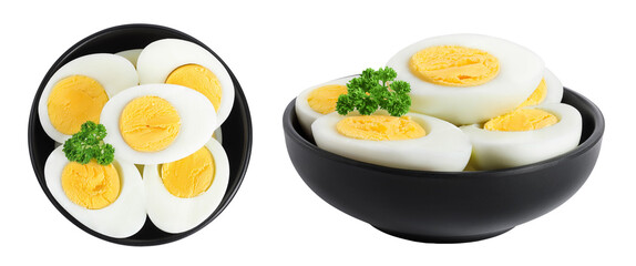 Boiled chicken egg in ceramic bowl isolated on white background. Top view. Flat lay