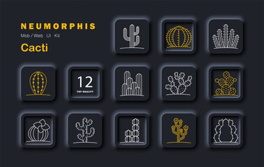 Cacti set icon. Neumorphic icons of various cactus species showing barrel, paddle, saguaro, flowering, and segmented forms in outlined desert plant designs