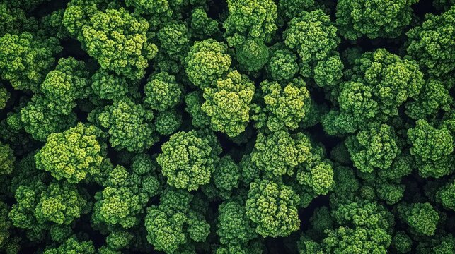 Aerial view of dense green forest with lush tree canopies creating a natural vibrant pattern symbolizing vitality and nature's tranquility