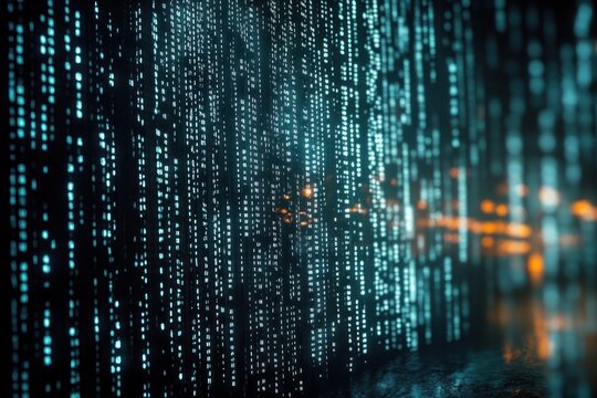 Abstract glowing blue digital code streams with intermittent orange lights creating a futuristic technology data flow effect