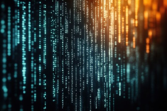 Close-up of digital binary code streams in blue and orange hues depicting abstract data flow and technology concept