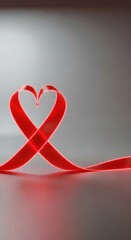 Red ribbon forming a heart shape on a gray surface, symbolizing love and affection.