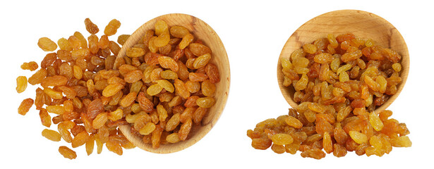 Yellow Raisins in wooden bowl isolated on white background. Top view. Flat lay,
