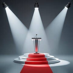 Spotlit podium with red carpet and three spotlights