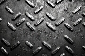 close-up of a textured metal surface with raised oval bumps creating a rough industrial pattern in black and white