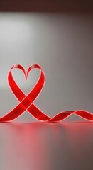 Red ribbon heart shape on gray background. Love symbol for valentines day concept.