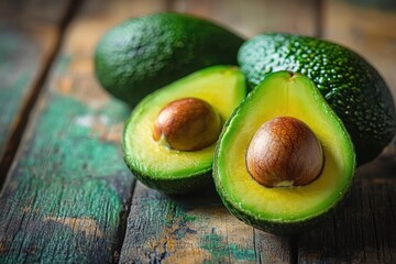 Close-up of fresh ripe avocados with one cut open showing bright green flesh and large seed on rustic wooden surface