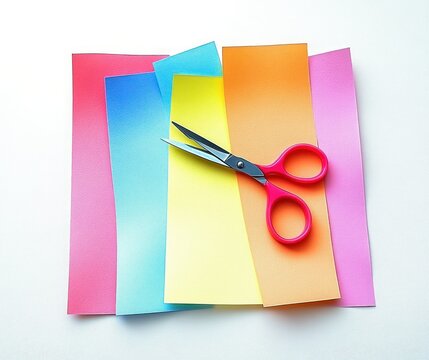 Bright red handled scissors placed on top of vibrant colorful sheets of paper arranged in a fan shape, evoking creativity and craft activity