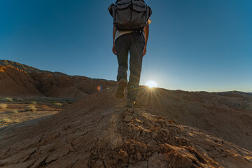 A lone traveler walks up a dusty mound in the Mongolian desert at golden hour, photographed from behind. The sun sets on the horizon, casting long shadows across the sparse shrubs.