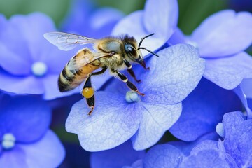 Honeybee Pollinating Delicate Blue Hydrangea Flowers in Natural Close-Up Photography