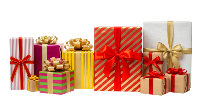 A diverse collection of colorful gift boxes with ribbons and bows, including red and white striped, purple, yellow, gold, and kraft paper boxes, isolated on transparent background - Powered by Adobe