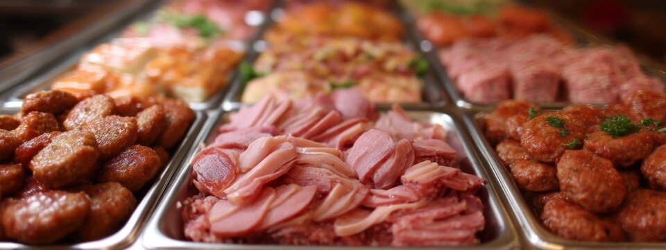 Trays filled with an assortment of fresh sliced meats and flavorful patties are neatly arranged in a lively kitchen, inviting culinary creativity and delicious meals to come