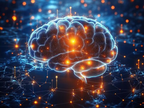 Digital illustration of a human brain with glowing neural connections and network nodes symbolizing data flow and intelligence